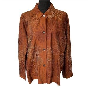 Vtg Chico's Sz 3 or US 16 100% Silk Shirt Brown Rust Floral Embroidered Beaded